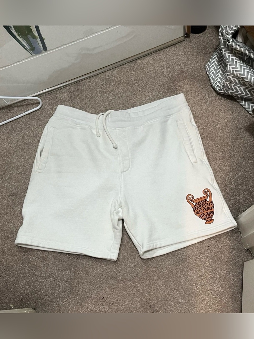 Rowing Blazers White Athletic Drawstring Shorts with Terracotta Urn Print